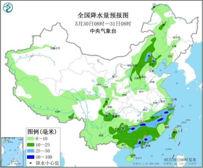 全国降水量预报图(5月30日08时-31日08时) 江南华南等地有较强降水过程 北方地区多大风天气